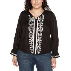 Belldini Blouse Womens Plus Size 1X Black Embroidered Boho Tassel Tunic $78